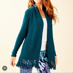 Lilly Pulitzer Tatum Long Fringe Hem Cardigan Inky Tidal Large